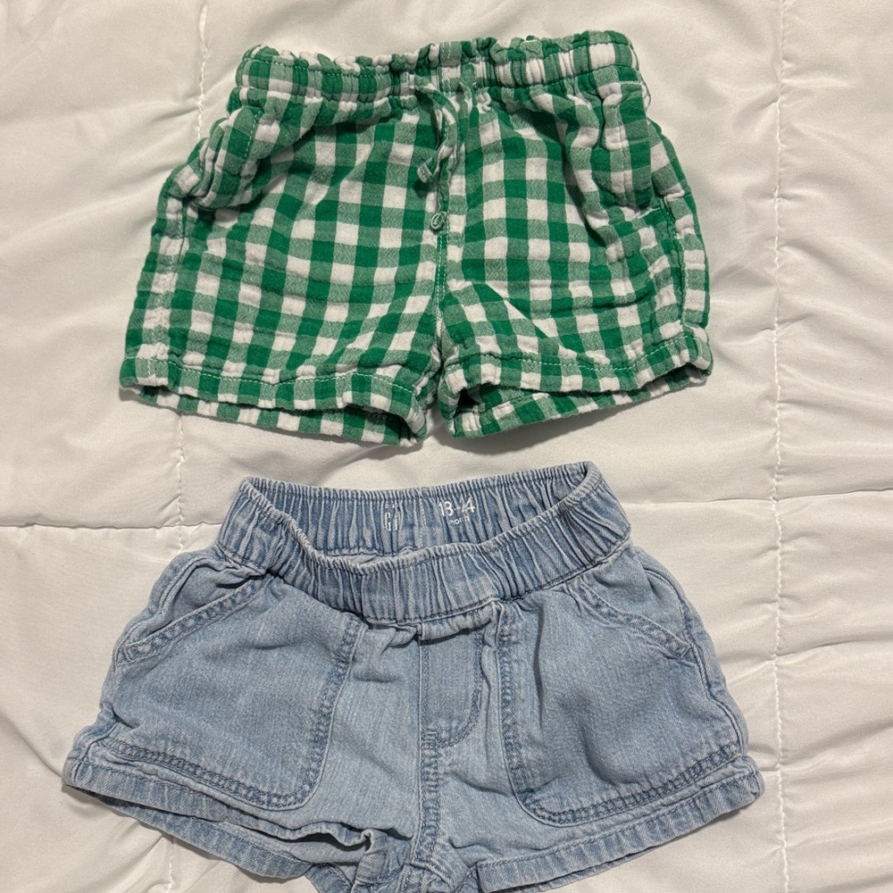 GAP Kids Green Plaid and Light Blue Denim Shorts